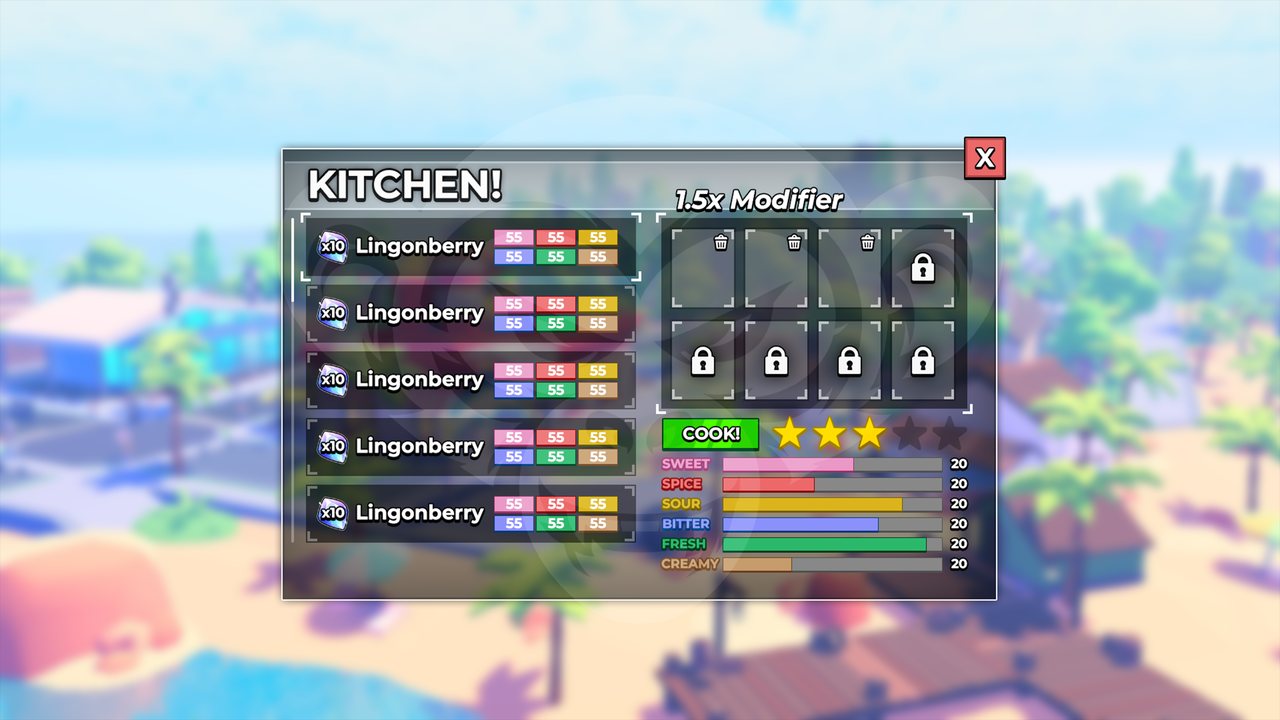Kitchen crafting UI with a six-flavor stat system, modifier slots and a cook action, designed by Hammody
