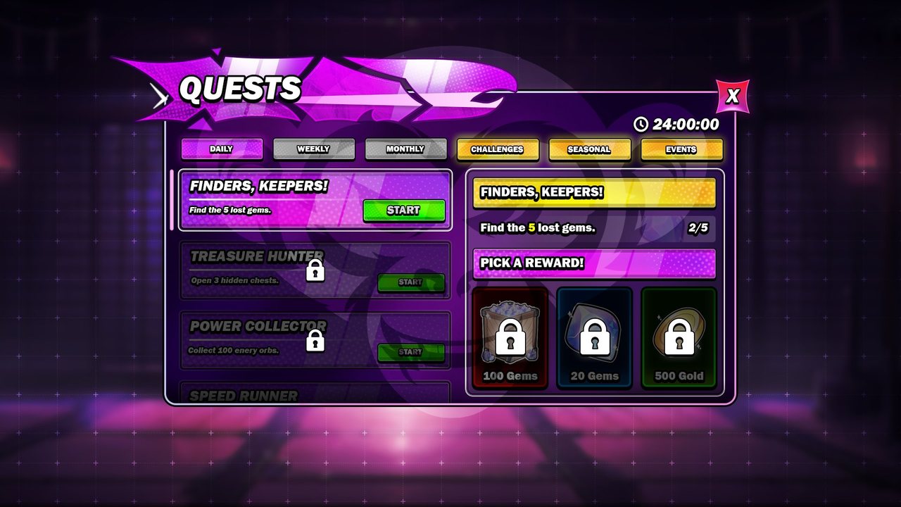 Quest system interface designed by Hammody, with daily and weekly categories, locked states and a reward picker